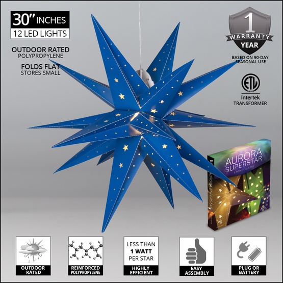 17" LED Aurora Superstar TM Fold-Flat Blue Moravian Star Light, Outdoor Rated 