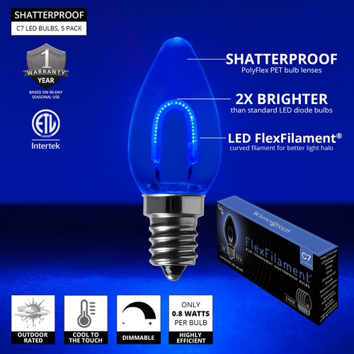 C7 Blue Shatterproof FlexFilament LED Vintage Christmas Light Bulbs