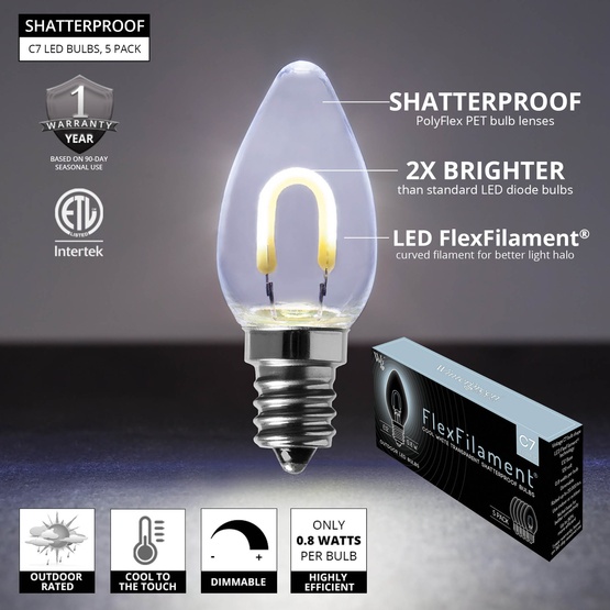 C7 Cool White Shatterproof FlexFilament LED Vintage Christmas Light Bulbs