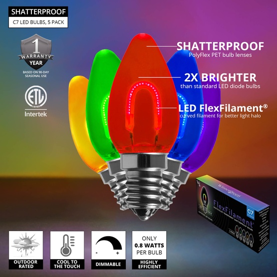 C7 Multicolor Shatterproof FlexFilament LED Vintage Christmas Light Bulbs