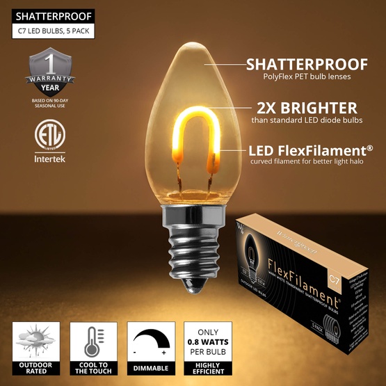 C7 Warm White Shatterproof FlexFilament LED Vintage Christmas Light Bulbs