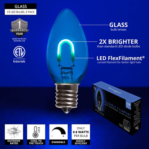 C9 120V Blue FlexFilament TM LED Vintage Christmas Light Bulb, Transparent Glass LED Light Bulbs