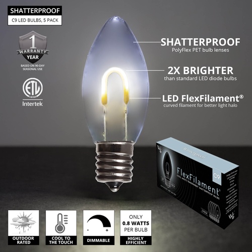 C9 Cool White Shatterproof FlexFilament LED Vintage Christmas Light Bulbs