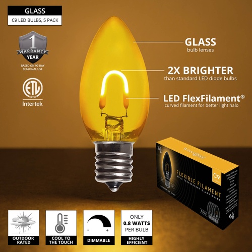 C9 Gold Glass FlexFilament TM LED Vintage Christmas Light Bulb, Transparent