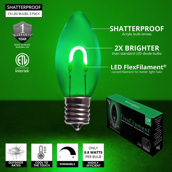 C9 120V Green FlexFilament TM LED Vintage Christmas Light Bulb, Transparent Acrylic LED Light Bulbs