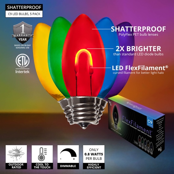 C9 Multicolor Shatterproof FlexFilament LED Vintage Christmas Light Bulb