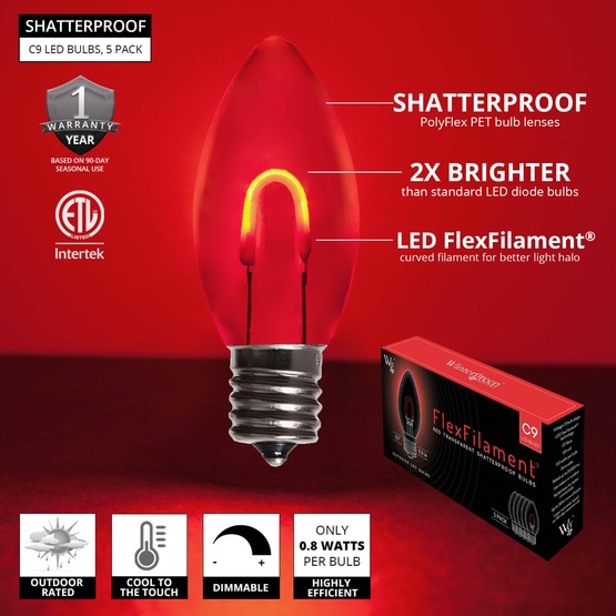 C9 Red Shatterproof FlexFilament LED Vintage Christmas Light Bulb