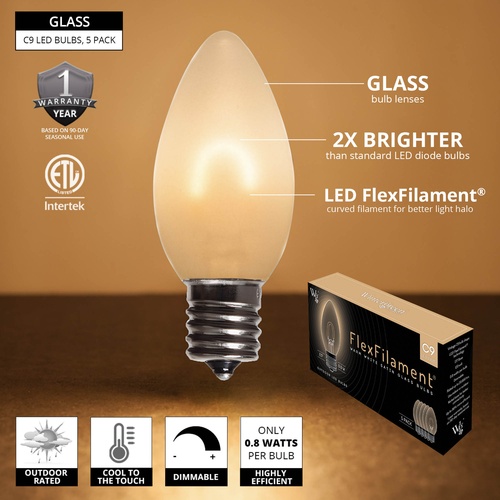 C9 Warm White Glass FlexFilament TM LED Vintage Christmas Light Bulb, Satin
