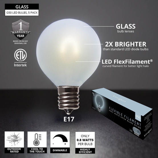 G50 120V Cool White FlexFilament TM LED Edison Bulb, Satin Glass LED Light Bulbs