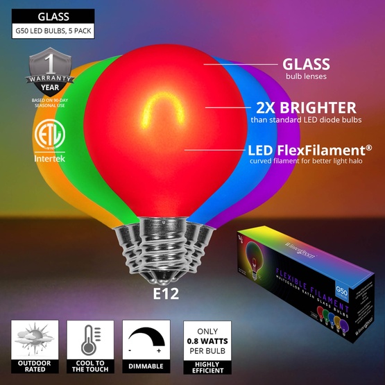 G50 120V Multicolor FlexFilament TM LED Edison Bulb, Satin Glass LED Light Bulbs