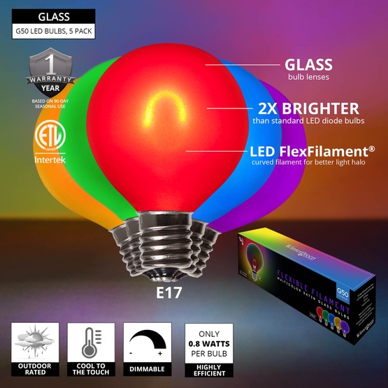 G50 120V Multicolor FlexFilament TM LED Edison Bulb, Satin Glass LED Light Bulbs