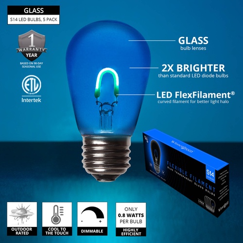 S14 120V Blue FlexFilament TM LED Edison Bulb, Transparent Glass LED Light Bulbs