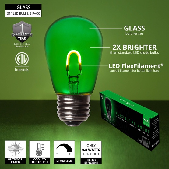 S14 120V Green FlexFilament TM LED Edison Bulb, Transparent Glass LED Light Bulbs