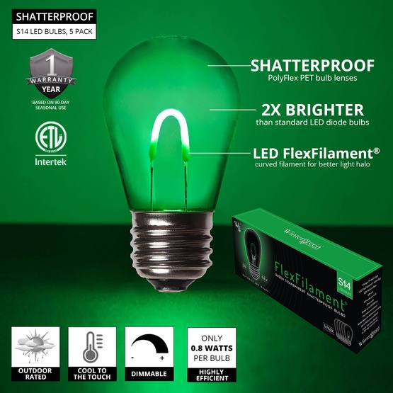 S14 120V Dimmable Green Shatterproof FlexFilament TM LED Edison Bulb