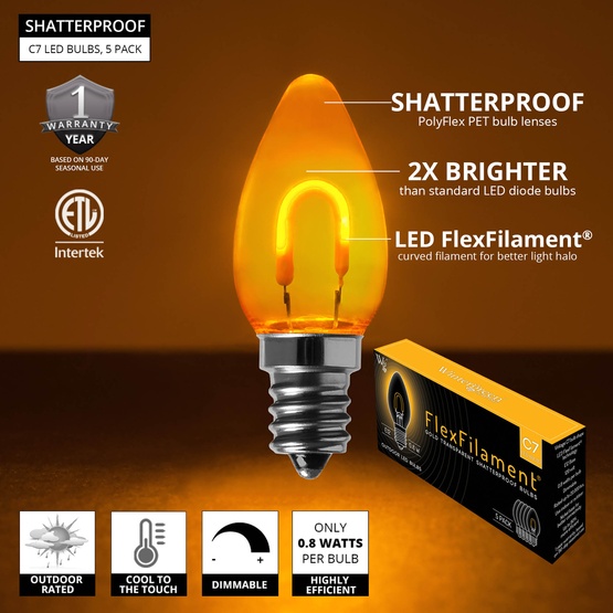 C7 Gold Shatterproof FlexFilament LED Vintage Christmas Light Bulbs
