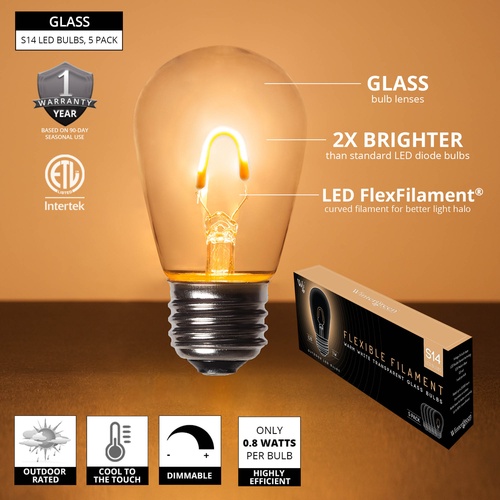 S14 120V Warm White FlexFilament TM LED Edison Bulb, Transparent Glass LED Light Bulbs