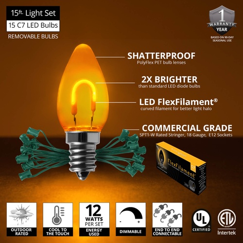 C7 Gold FlexFilament Commercial LED Shatterproof Christmas String Lights, 15 Lights, 15'