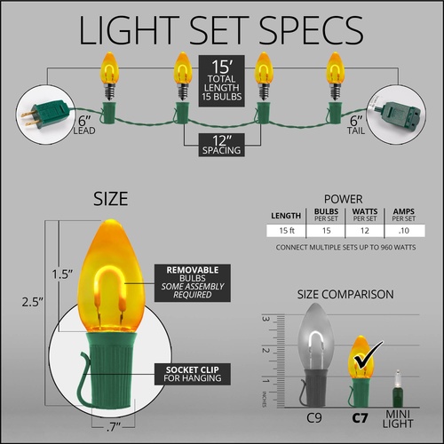 C7 Gold FlexFilament Commercial LED Shatterproof Christmas String Lights, 15 Lights, 15'