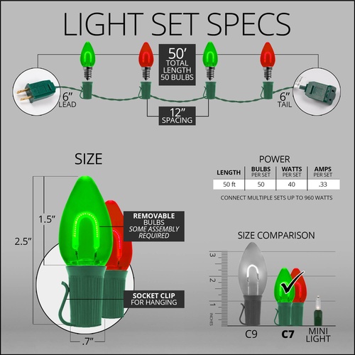 C7 Green / Red FlexFilament Commercial LED Shatterproof Christmas String Lights, 50 Lights, 50'