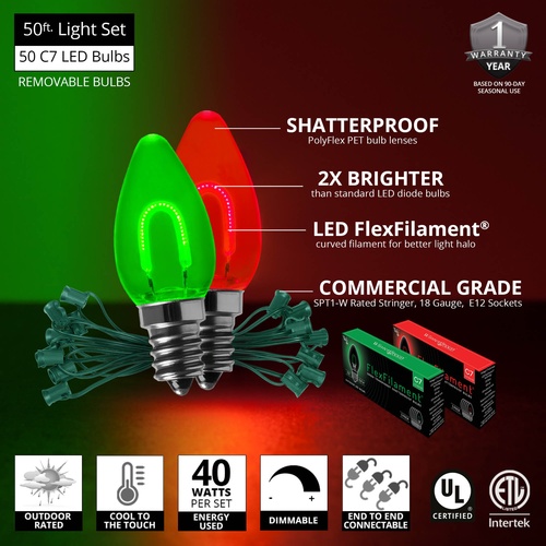 C7 Green / Red FlexFilament Commercial LED Shatterproof Christmas String Lights, 50 Lights, 50'