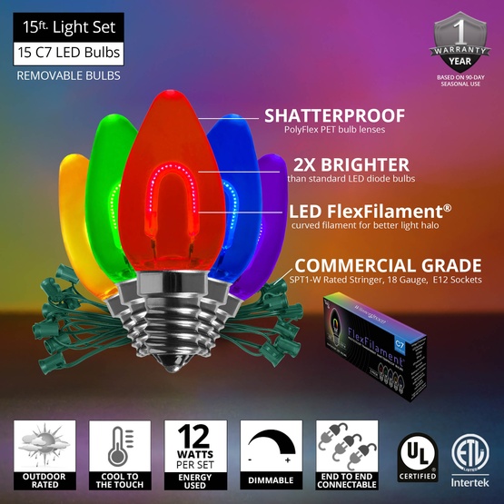 C7 Multicolor FlexFilament Commercial LED Shatterproof Christmas String Lights, 15 Lights, 15'