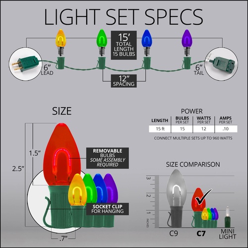 C7 Multicolor FlexFilament Commercial LED Shatterproof Christmas String Lights, 15 Lights, 15'
