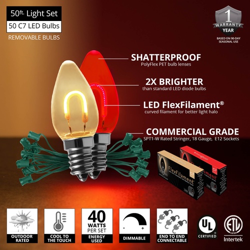 C7 Red / Warm White FlexFilament Commercial LED Shatterproof Christmas String Lights, 50 Lights, 50'