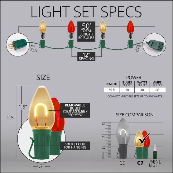 C7 Red / Warm White FlexFilament Commercial LED Shatterproof Christmas String Lights, 50 Lights, 50'
