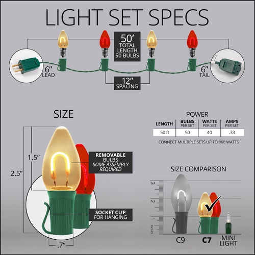C7 Red / Warm White FlexFilament Commercial LED Shatterproof Christmas String Lights, 50 Lights, 50'