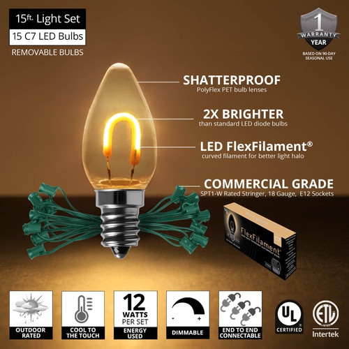 C7 Warm White FlexFilament Commercial LED Shatterproof Christmas String Lights, 15 Lights, 15'