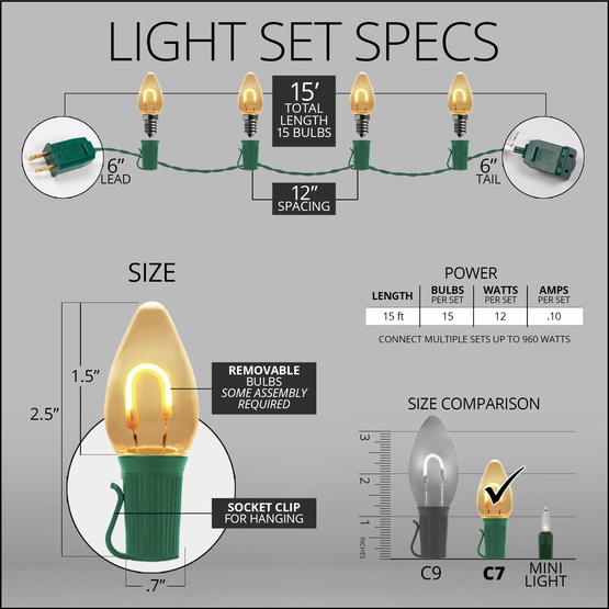 C7 Warm White FlexFilament Commercial LED Shatterproof Christmas String Lights, 15 Lights, 15'