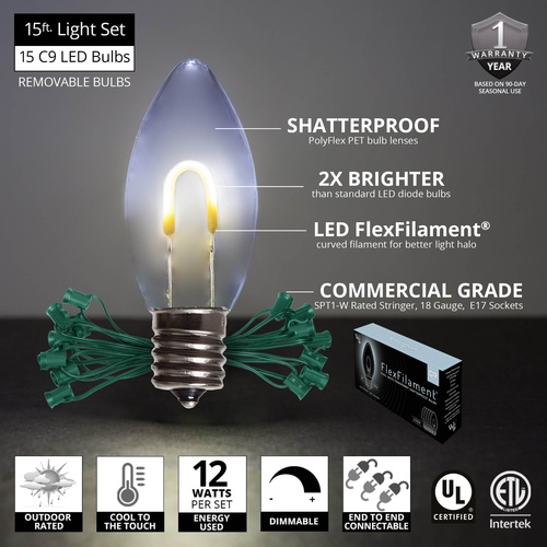 C9 Cool White FlexFilament Commercial LED Shatterproof Christmas String Lights, 15 Lights, 15'