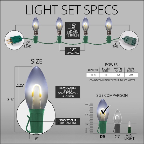 C9 Cool White FlexFilament Commercial LED Shatterproof Christmas String Lights, 15 Lights, 15'