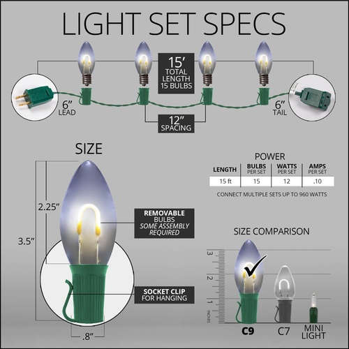 C9 Cool White FlexFilament Commercial LED Shatterproof Christmas String Lights, 15 Lights, 15'