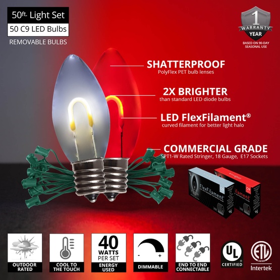 C9 Cool White / Red FlexFilament Commercial LED Shatterproof Christmas String Lights, 50 Lights, 50'