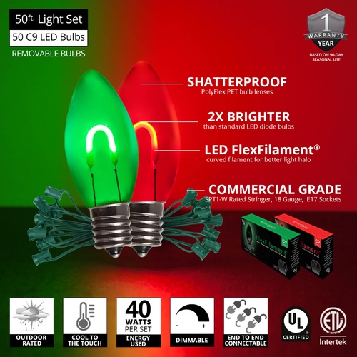 C9 Green / Red FlexFilament Commercial LED Shatterproof Christmas String Lights, 50 Lights, 50'