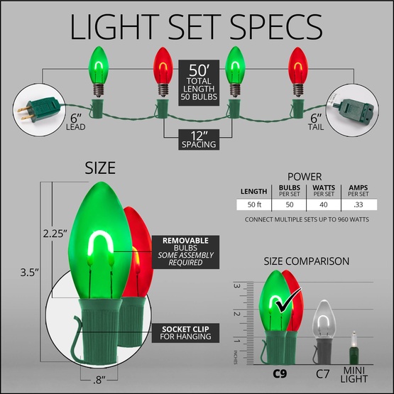 C9 Green / Red FlexFilament Commercial LED Shatterproof Christmas String Lights, 50 Lights, 50'