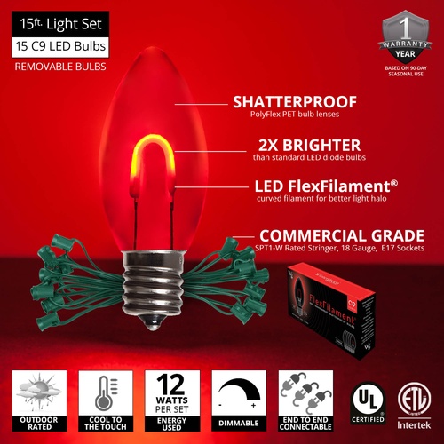 C9 Red FlexFilament Commercial LED Shatterproof Christmas String Lights, 15 Lights, 15'
