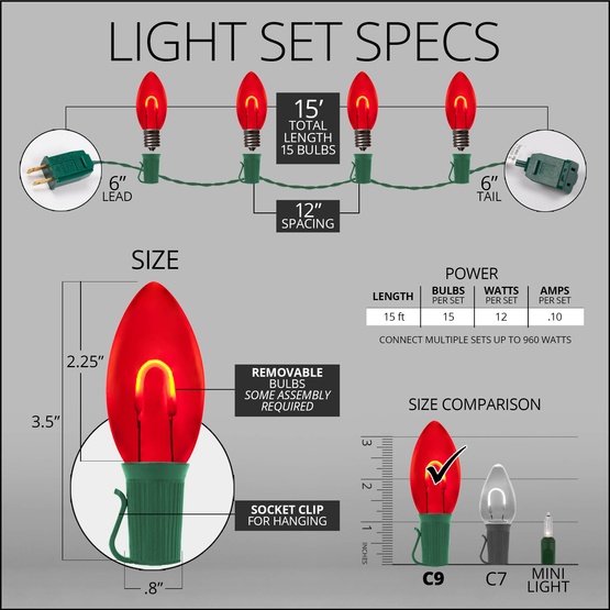 C9 Red FlexFilament Commercial LED Shatterproof Christmas String Lights, 15 Lights, 15'