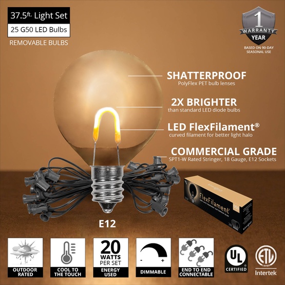 10' G50 Warm White FlexFilament TM LED Shatterproof Globe String Lights, E12 Base, Black Wire