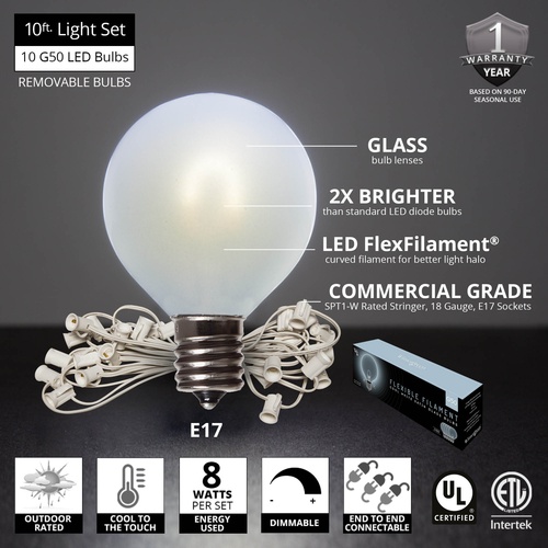 10' G50 Cool White FlexFilament TM LED Satin Globe String Lights, E17 Base, White Wire