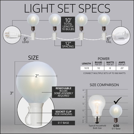 10' G50 Cool White FlexFilament TM LED Satin Globe String Lights, E17 Base, White Wire