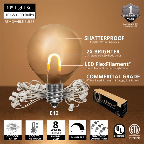 10' G50 Warm White FlexFilament TM LED Shatterproof Globe String Lights, E12 Base, White Wire