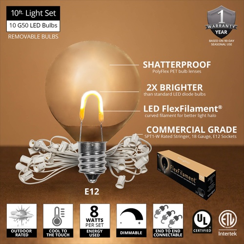 10' G50 Warm White FlexFilament TM LED Shatterproof Globe String Lights, E12 Base, White Wire