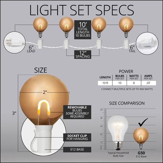 10' G50 Warm White FlexFilament TM LED Shatterproof Globe String Lights, E12 Base, White Wire