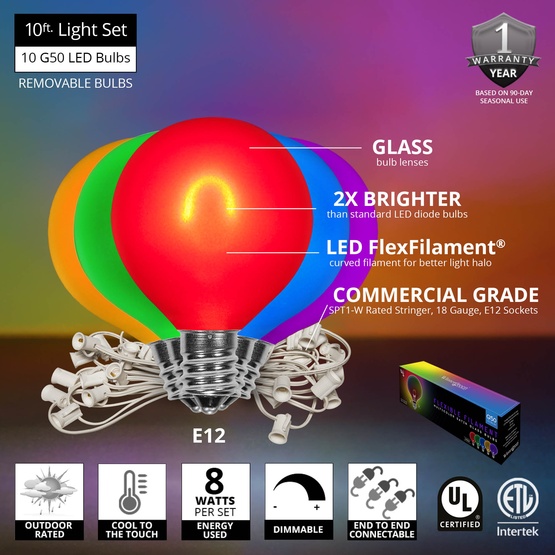 10' G50 Multicolor FlexFilament TM LED Satin Outdoor Party Lights, E12 Base, White Wire