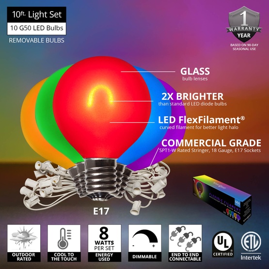 10' G50 Multicolor FlexFilament TM LED Satin Outdoor Party Lights, E17 Base, White Wire