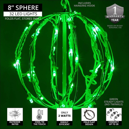Green LED Christmas Light Ball, Fold Flat White Frame