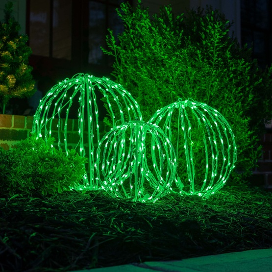 8" Green LED Christmas Light Ball, Fold Flat White Frame