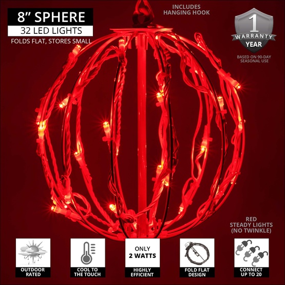 Red LED Christmas Light Ball, Fold Flat White Frame